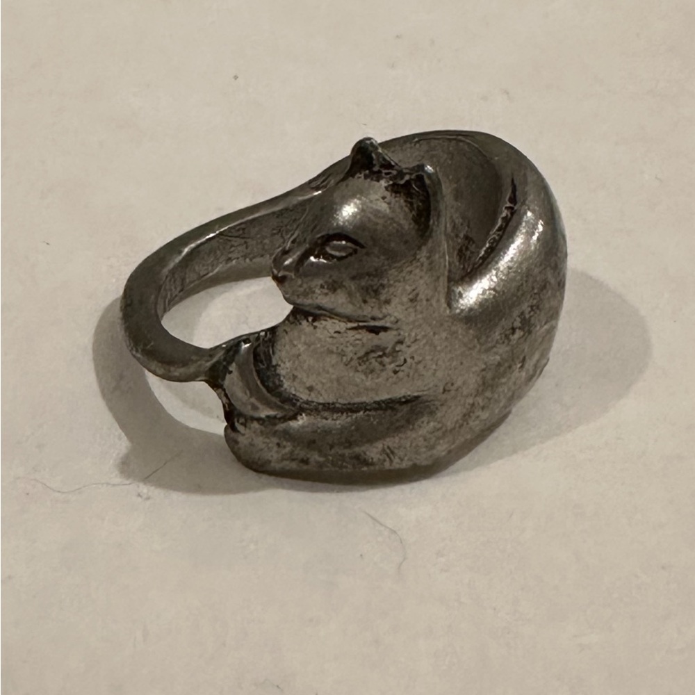 Vintage Pewter Silver Cat Ring size 10